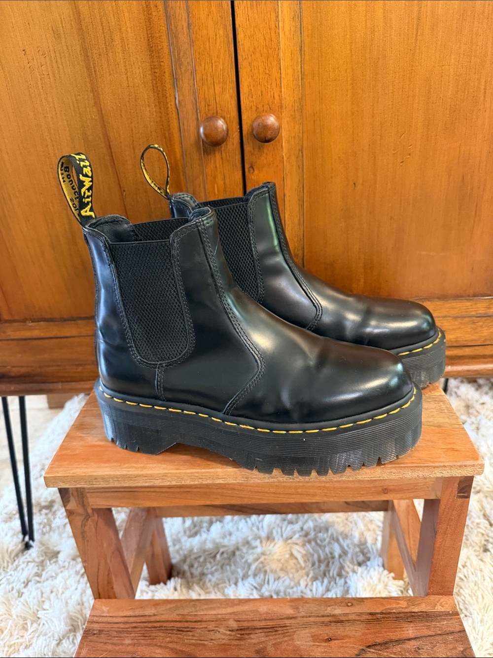 Dr. Martens Black Leather Platform Chelsea Boots with Yellow Stitching